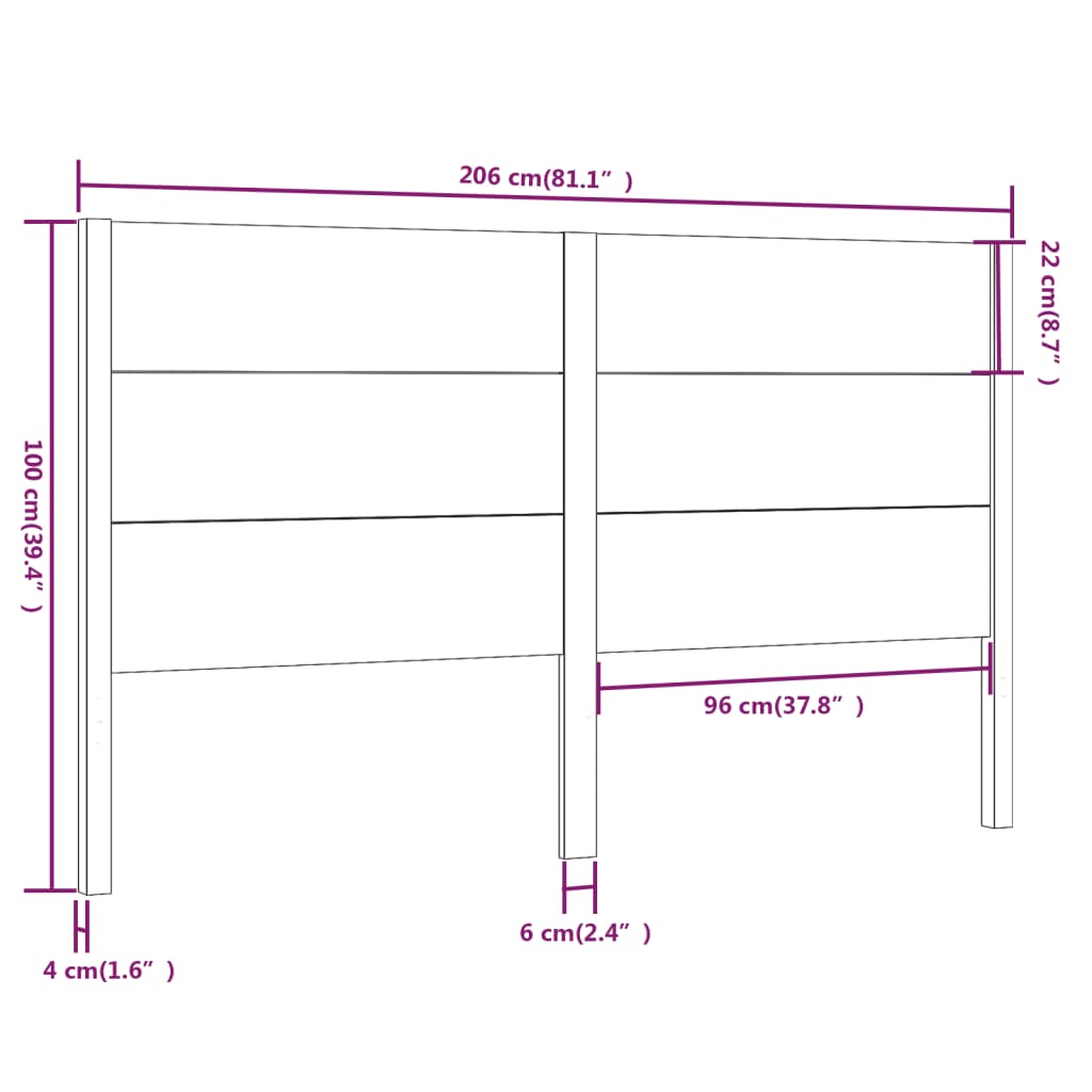 Headboard Black 206x4x100 cm Solid Wood Pine