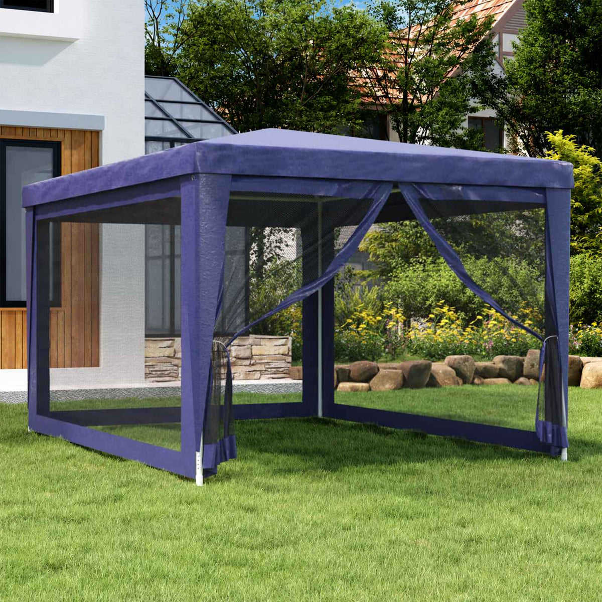 Party Tent with 4 Mesh Sidewalls Blue 3x4 m HDPE