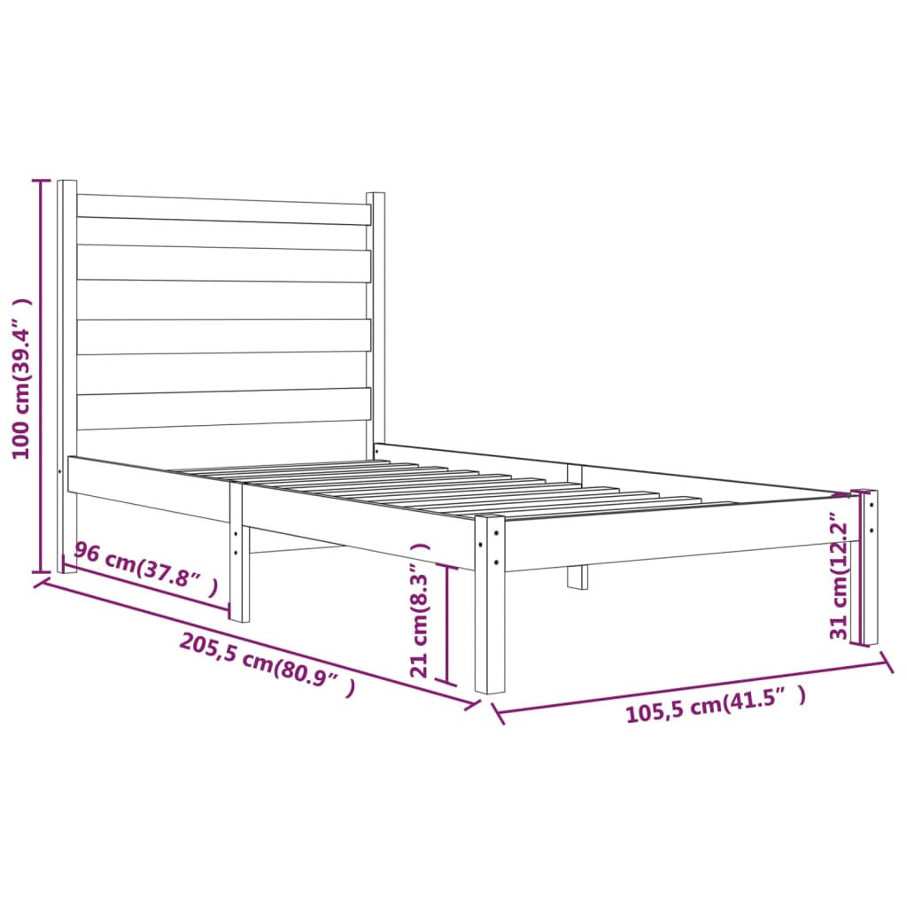 Bed Frame | White | Solid pine wood | Single | Bed Frame | Rectangular