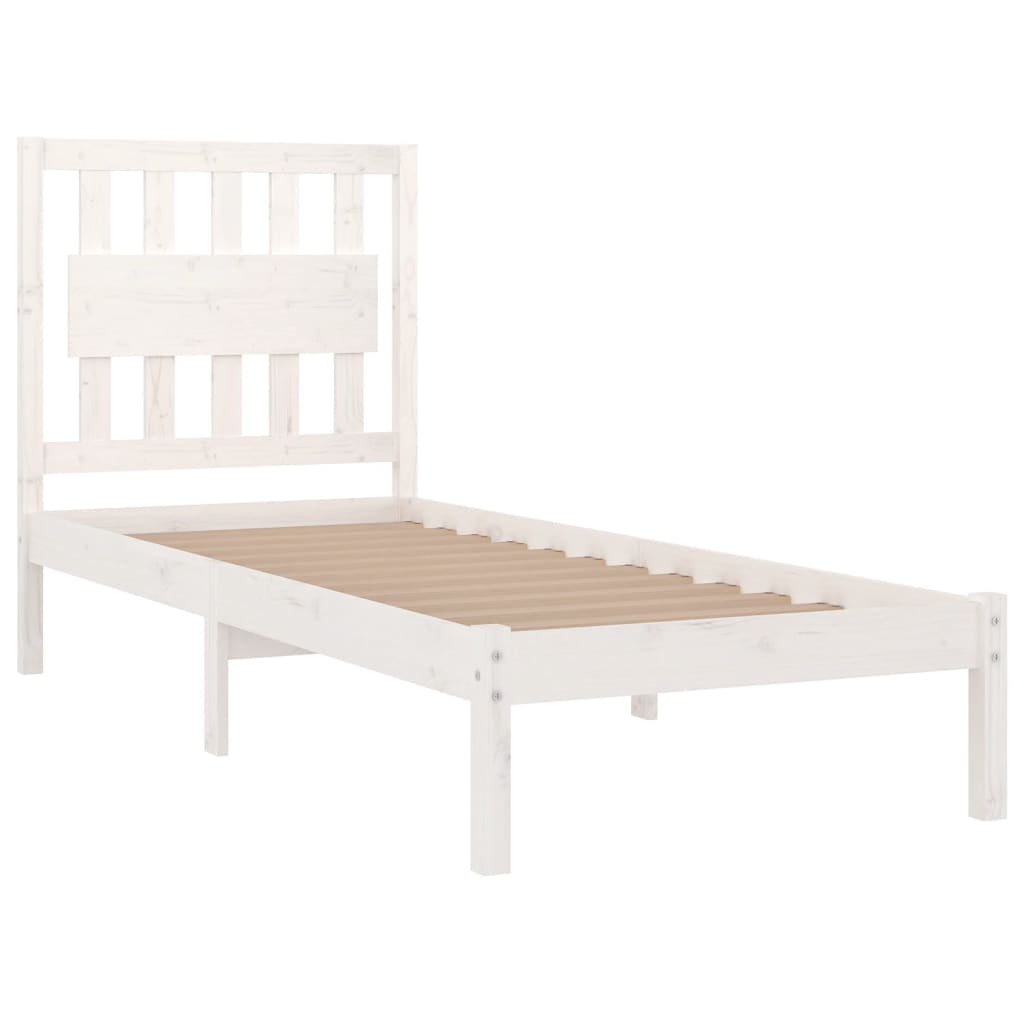 Bed Frame | White | Solid pine wood | 90x200 cm | Decorative Inlays