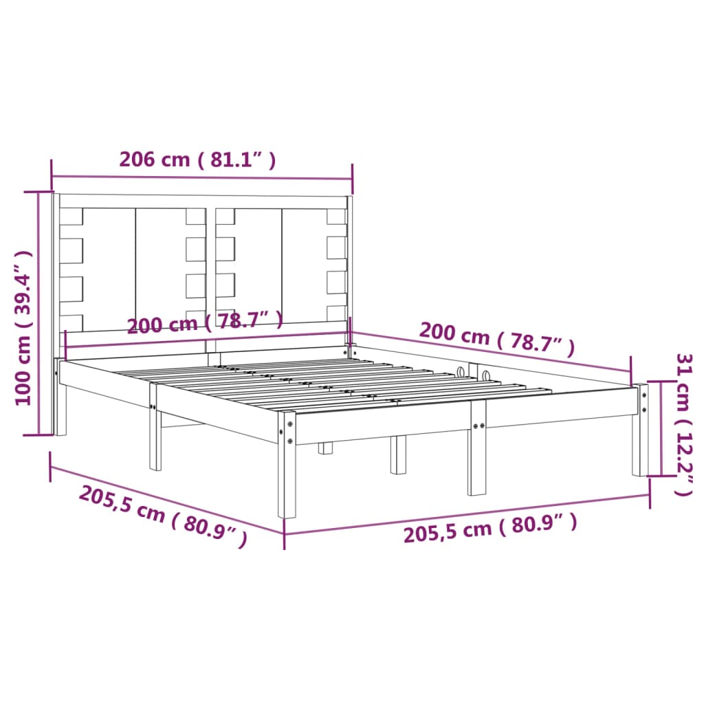 Bed Frame | Black | Solid pine wood | 200x200 cm | Durable | Bed Frame