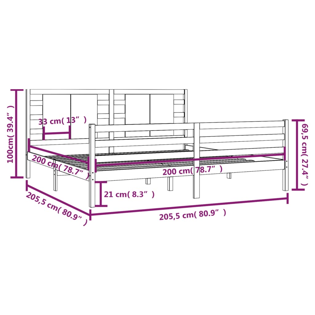 Bed Frame | Grey | Solid pinewood | Double | Decorative Inlays