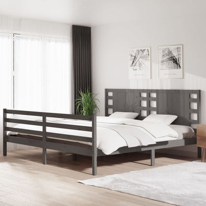 Bed Frame | Grey | Solid pinewood | Double | Decorative Inlays