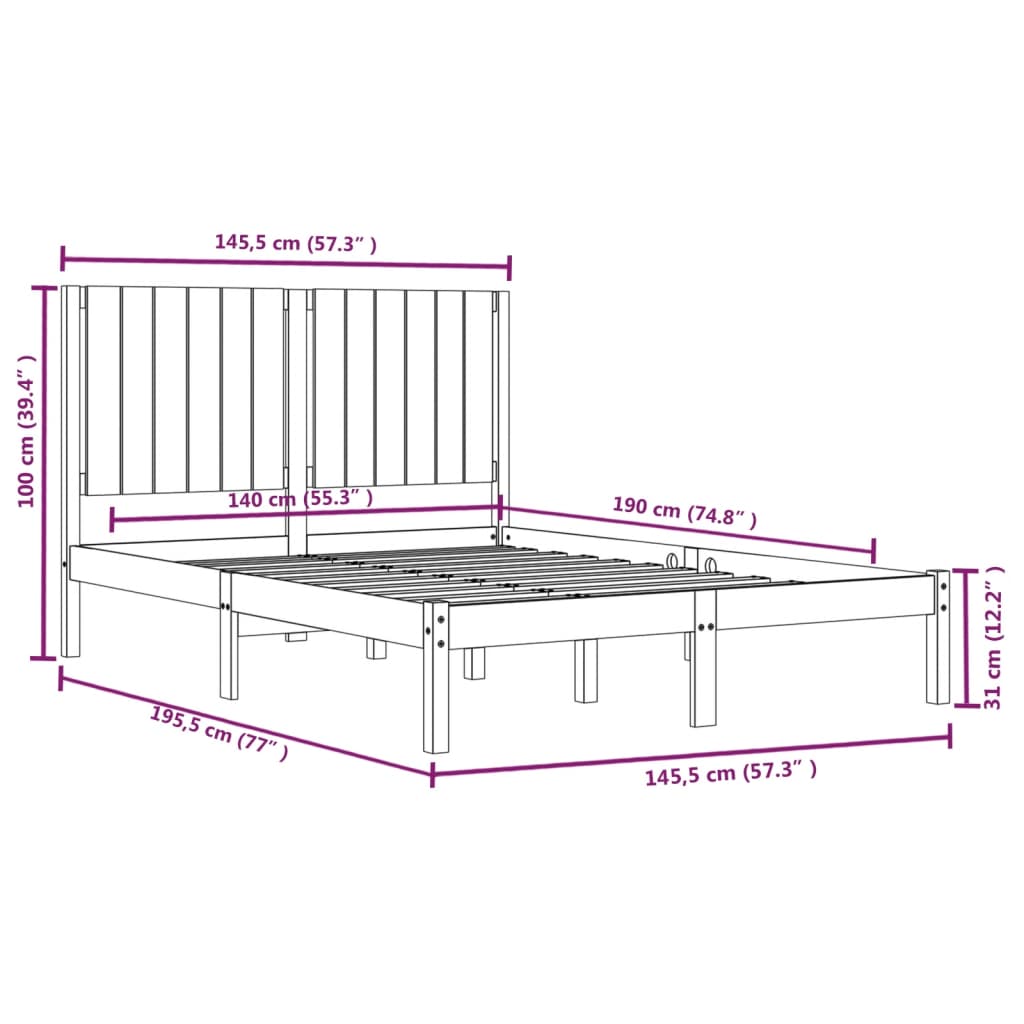 Bed Frame | Black | Solid pine wood | Double Size | Bed Frame