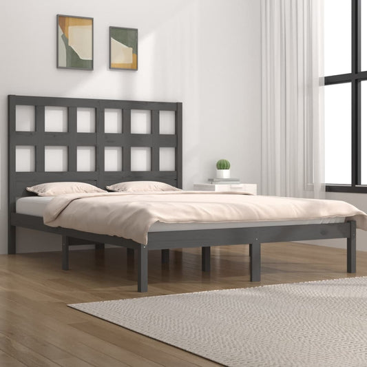 Bed Frame | Grey | Solid pinewood | 200x200 cm | Decorative Inlays