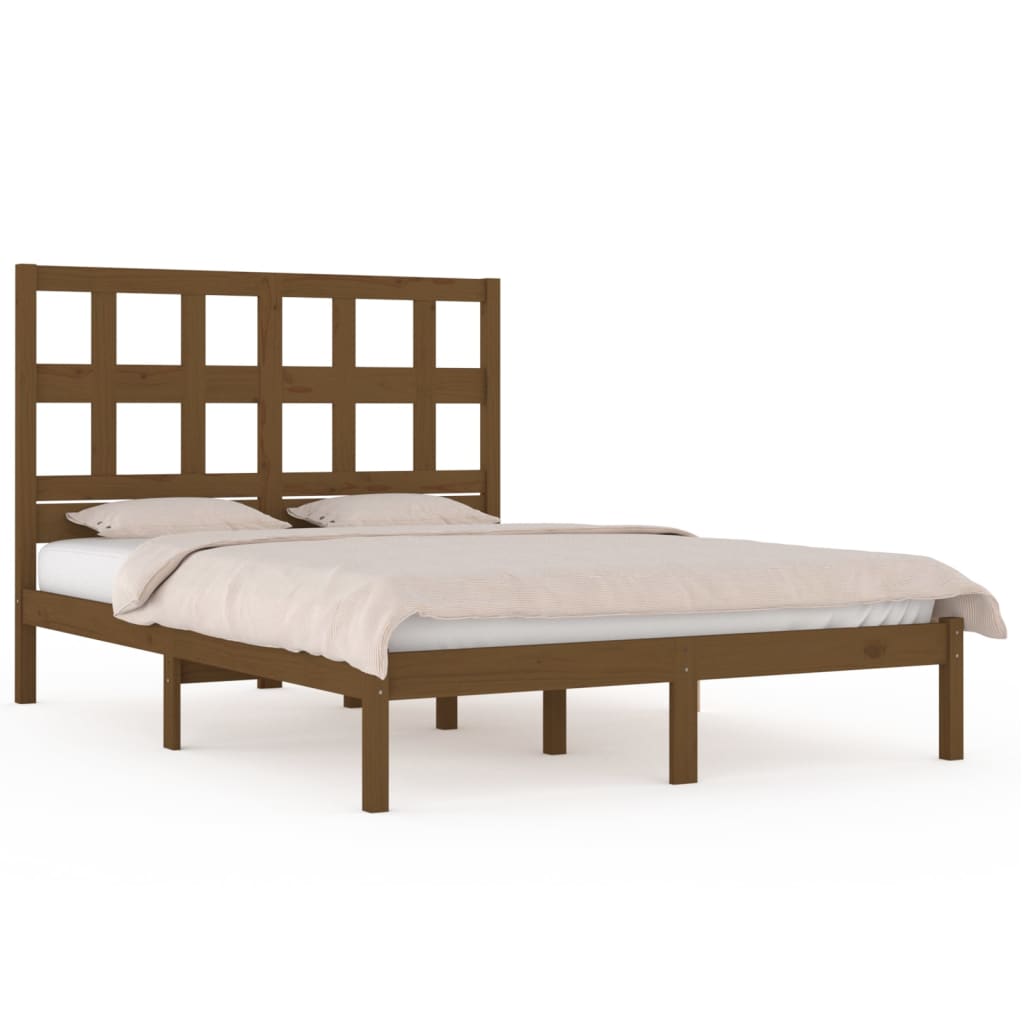 Bed Frame | Honey brown | Solid pine wood | Double | Decorative Inlays