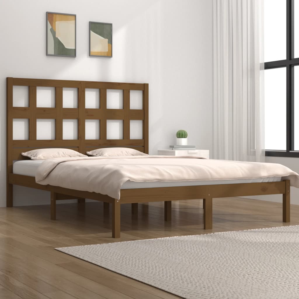 Bed Frame | Honey brown | Solid pine wood | Double | Decorative Inlays