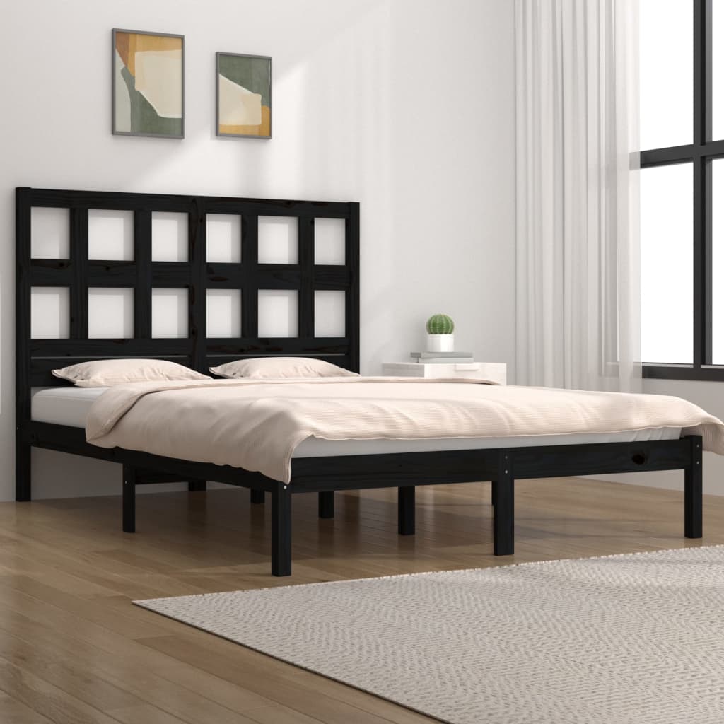 Bed Frame | Black | Solid pinewood | 200 x 200 cm | Decorative Inlays