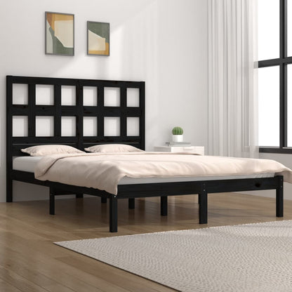 Bed Frame | Black | Solid pinewood | 200 x 200 cm | Decorative Inlays