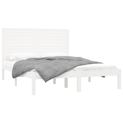 Bed Frame | White | Solid pinewood | Double | Decorative Inlays