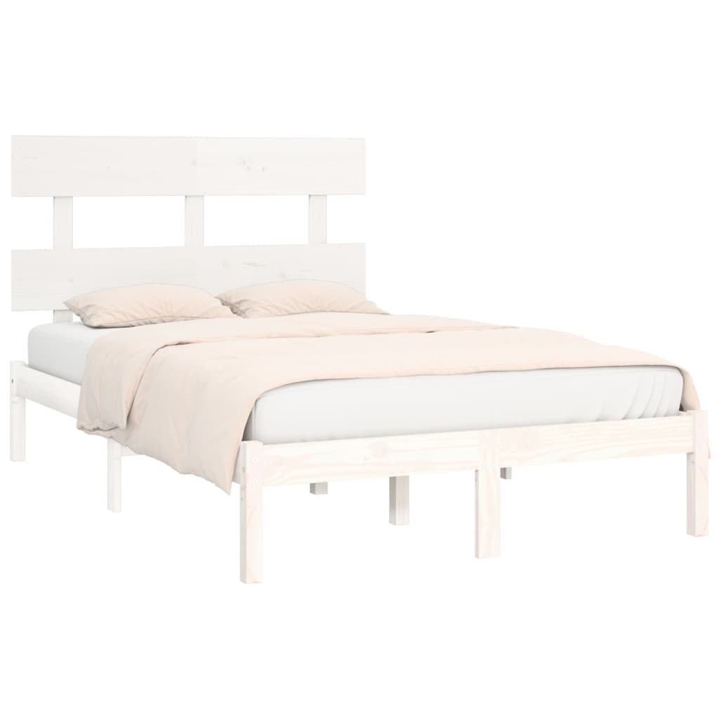 Bed Frame | White | Solid Pine Wood | 120x200 cm | Decorative Inlays