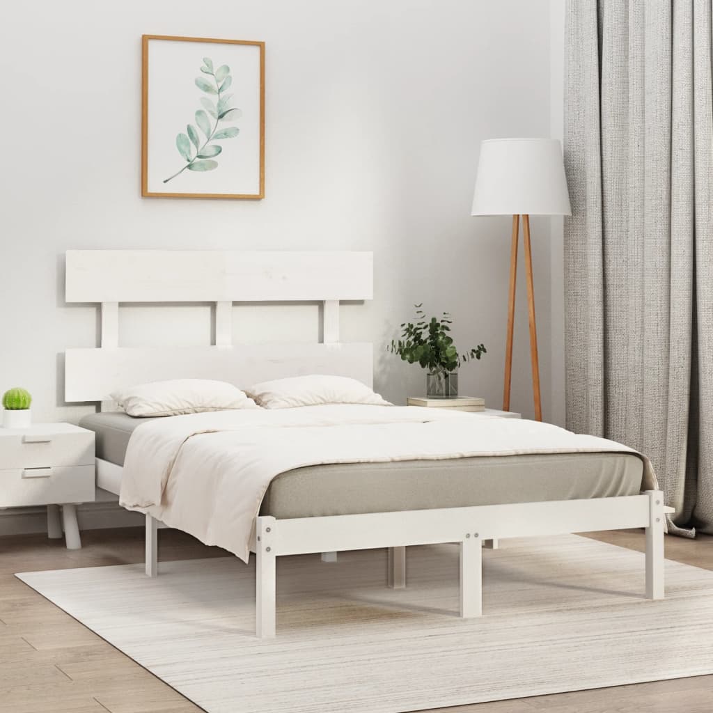 Bed Frame | White | Solid Pine Wood | 120x200 cm | Decorative Inlays