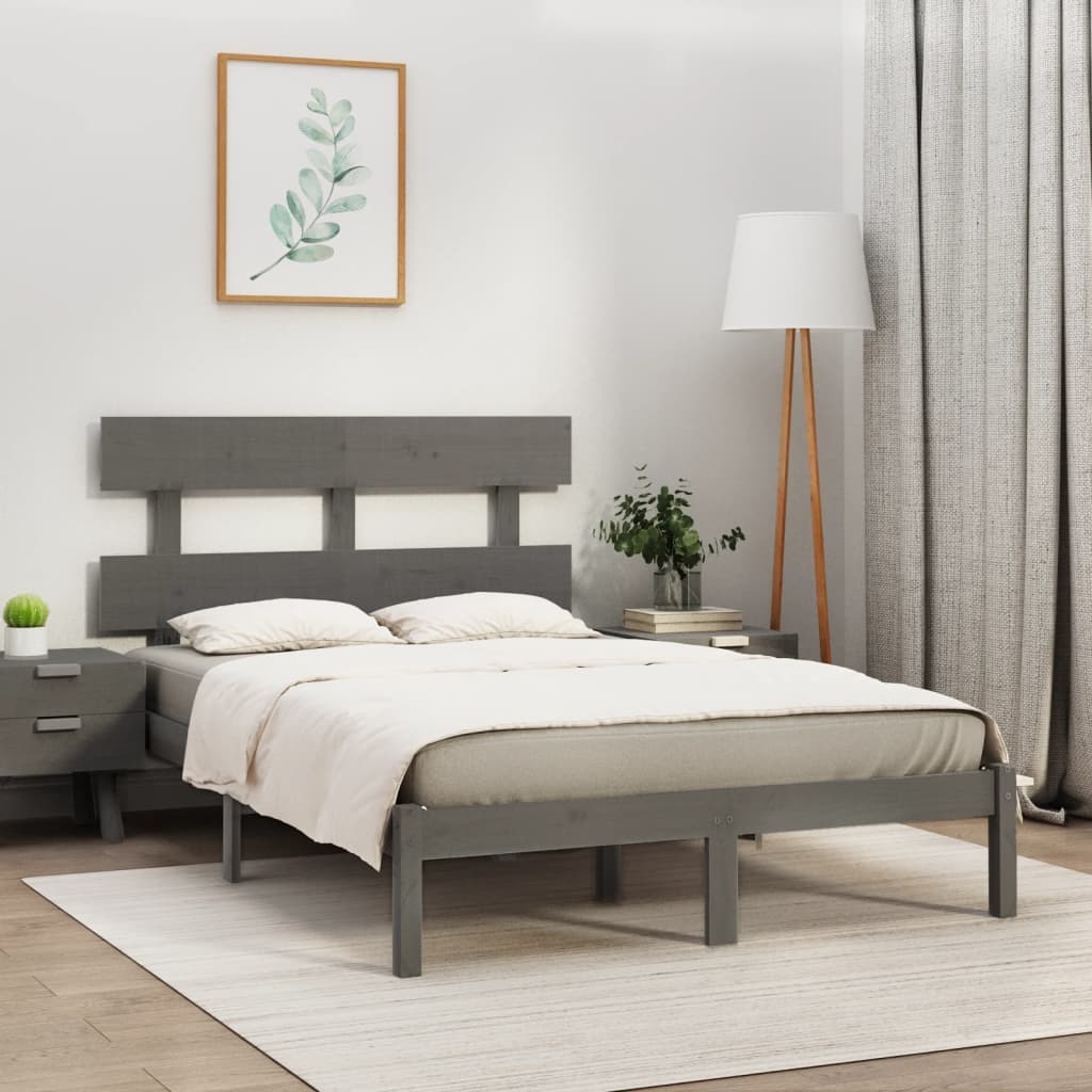 Bed Frame | Grey | Solid Pine Wood | 200x200 cm | Durable | Bed Frame
