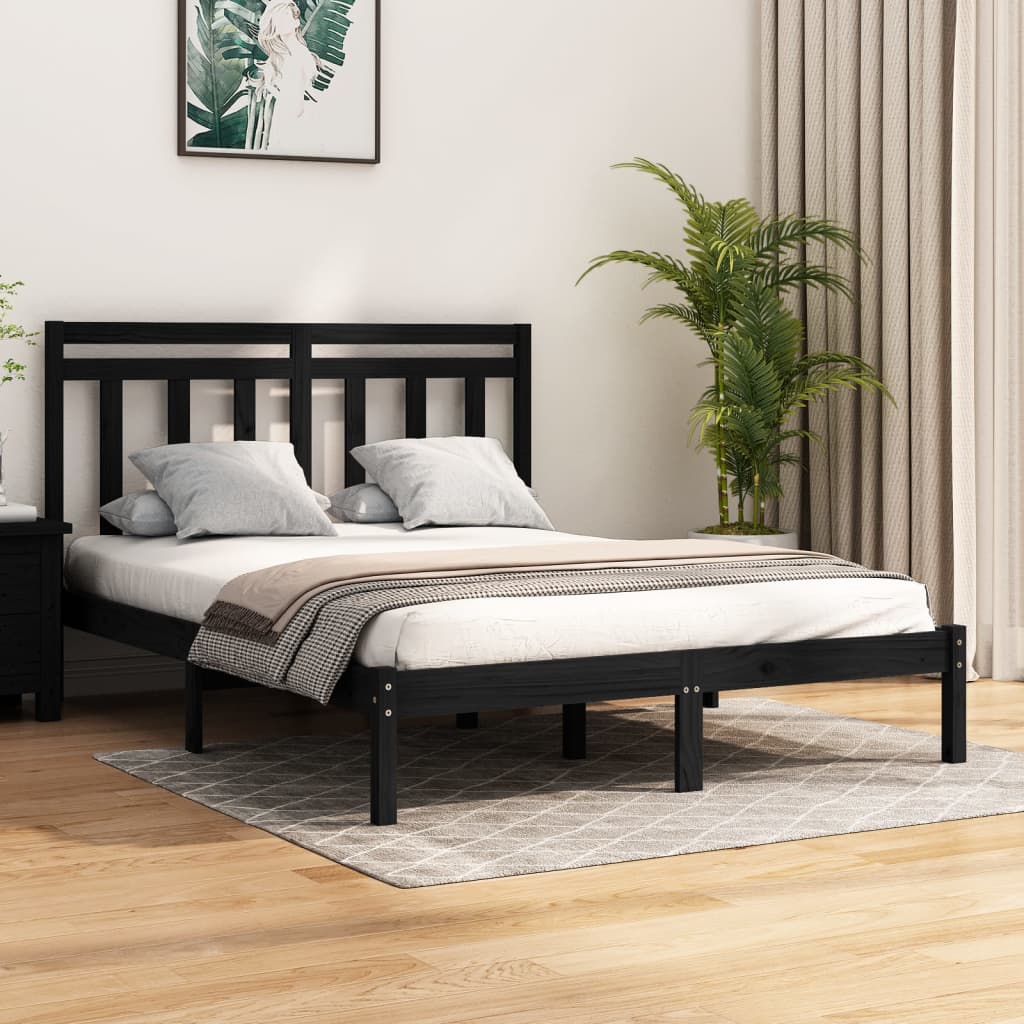 Bed Frame | Black | Solid Pine Wood, Plywood | 140 x 190 cm | Simple