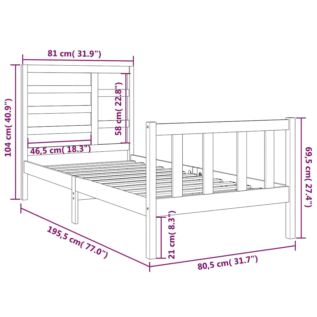 Bed Frame without Mattress Black Solid Wood 75x190 cm Small Single