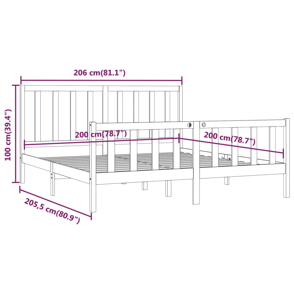 Bed Frame | Grey | Solid Pine Wood | 200x200 cm | Durable | Bed Frame