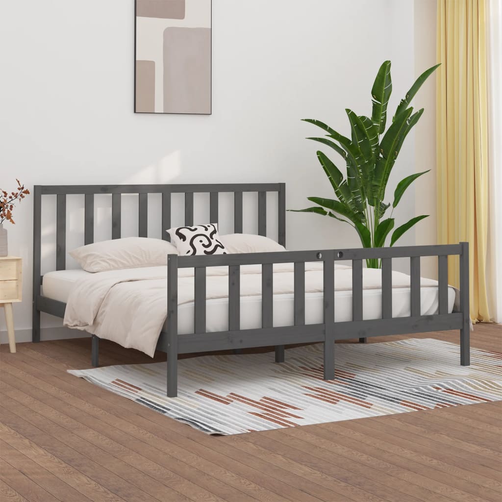 Bed Frame | Grey | Solid Pine Wood | 200x200 cm | Durable | Bed Frame