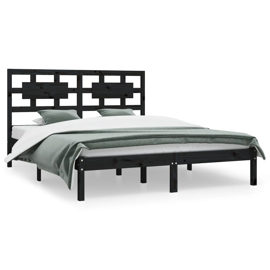 Bed Frame | Black | Solid Pine Wood | 200x200 cm | Rectangular | Rustic