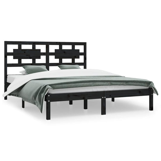 Bed Frame | Black | Solid Pine Wood | 200x200 cm | Rectangular | Rustic