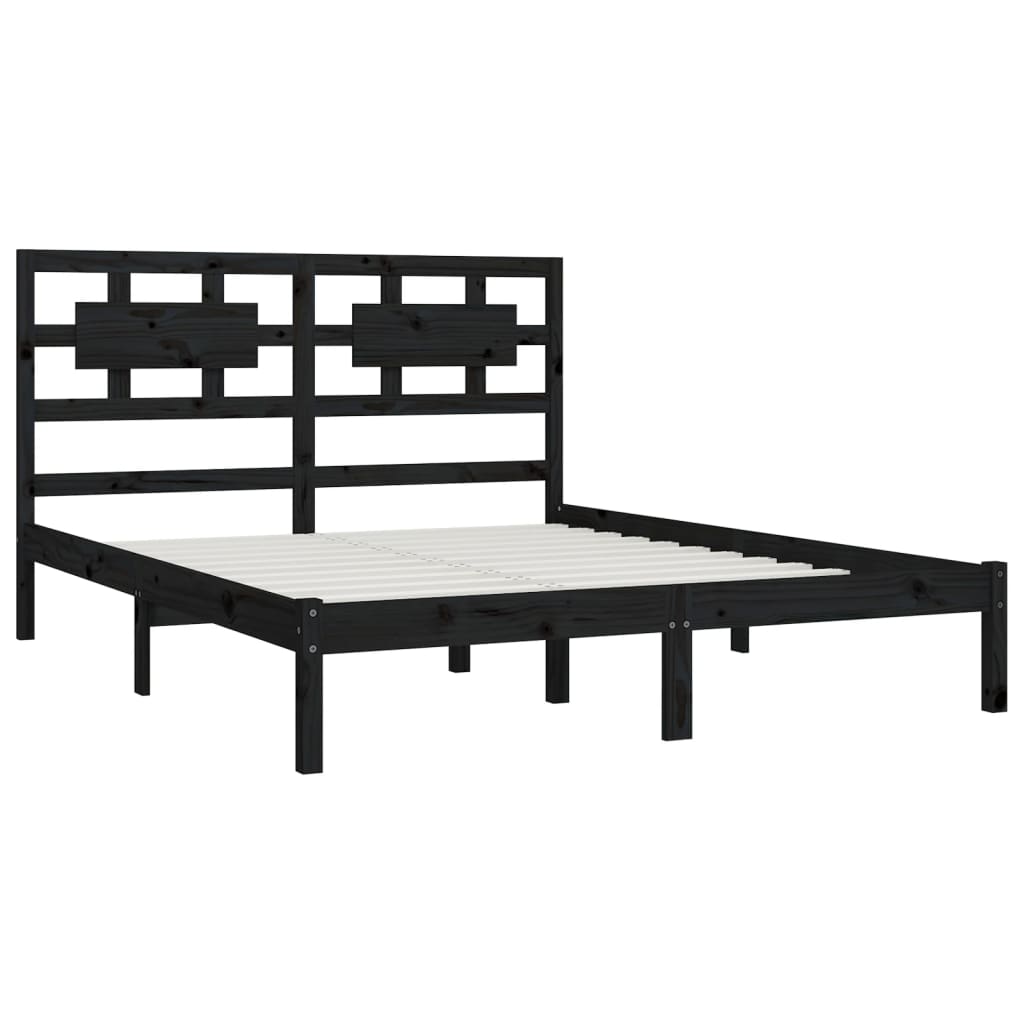 Bed Frame | Black | Solid Pine Wood | 200x200 cm | Rectangular | Rustic