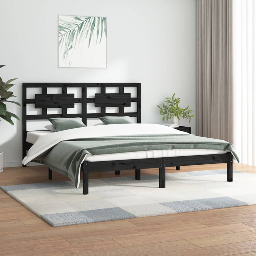 Bed Frame | Black | Solid Pine Wood | 200x200 cm | Rectangular | Rustic