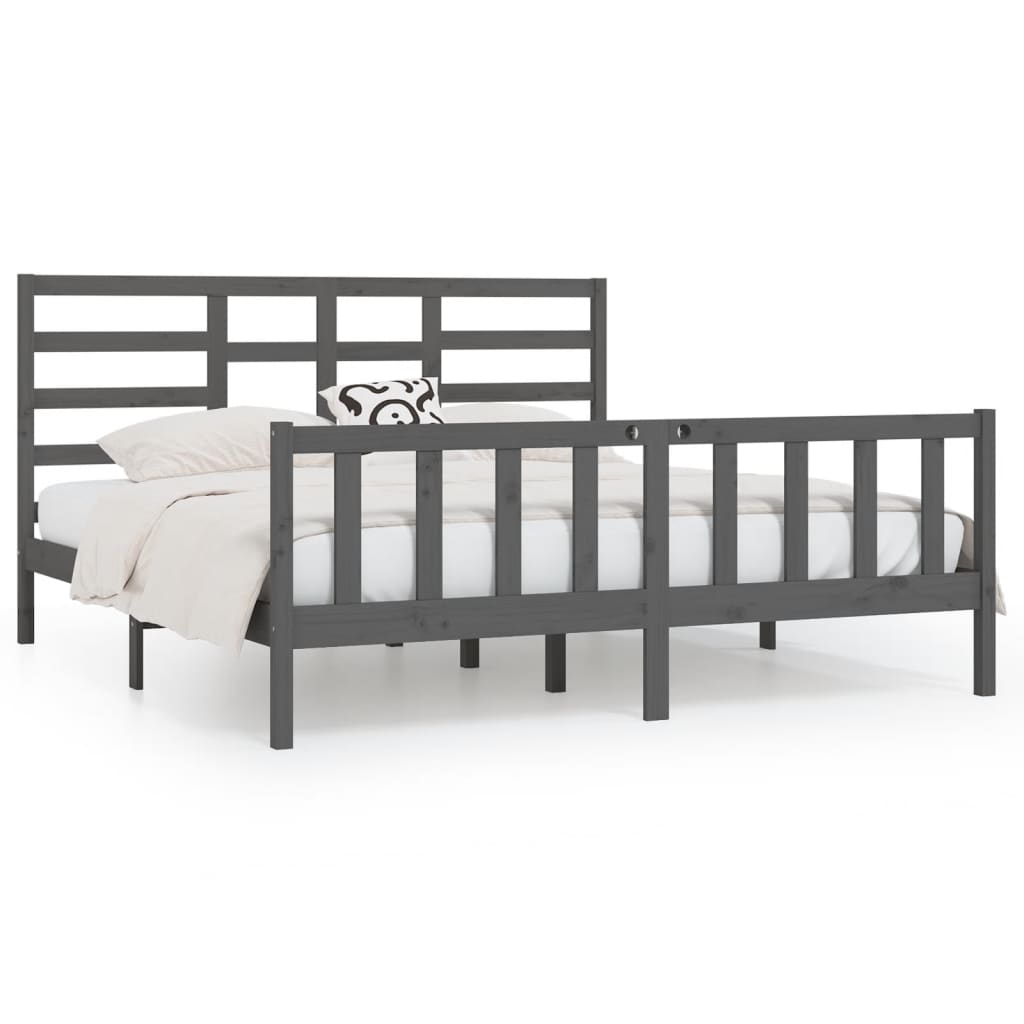 Bed Frame | Grey | Solid Pine Wood, Plywood | Double | Decorative Inlays