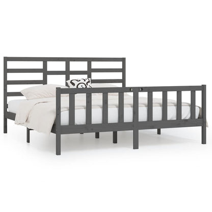 Bed Frame | Grey | Solid Pine Wood, Plywood | Double | Decorative Inlays