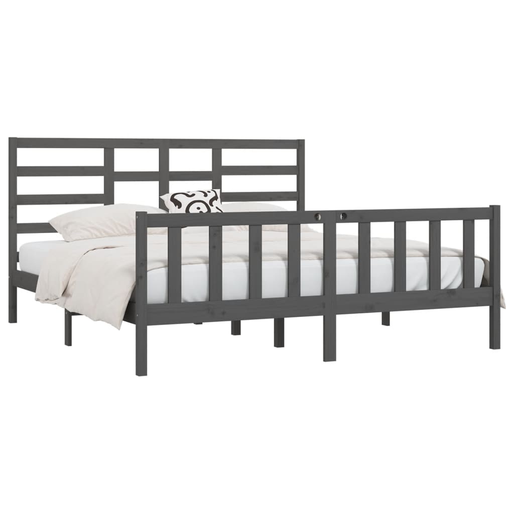 Bed Frame | Grey | Solid Pine Wood, Plywood | Double | Decorative Inlays