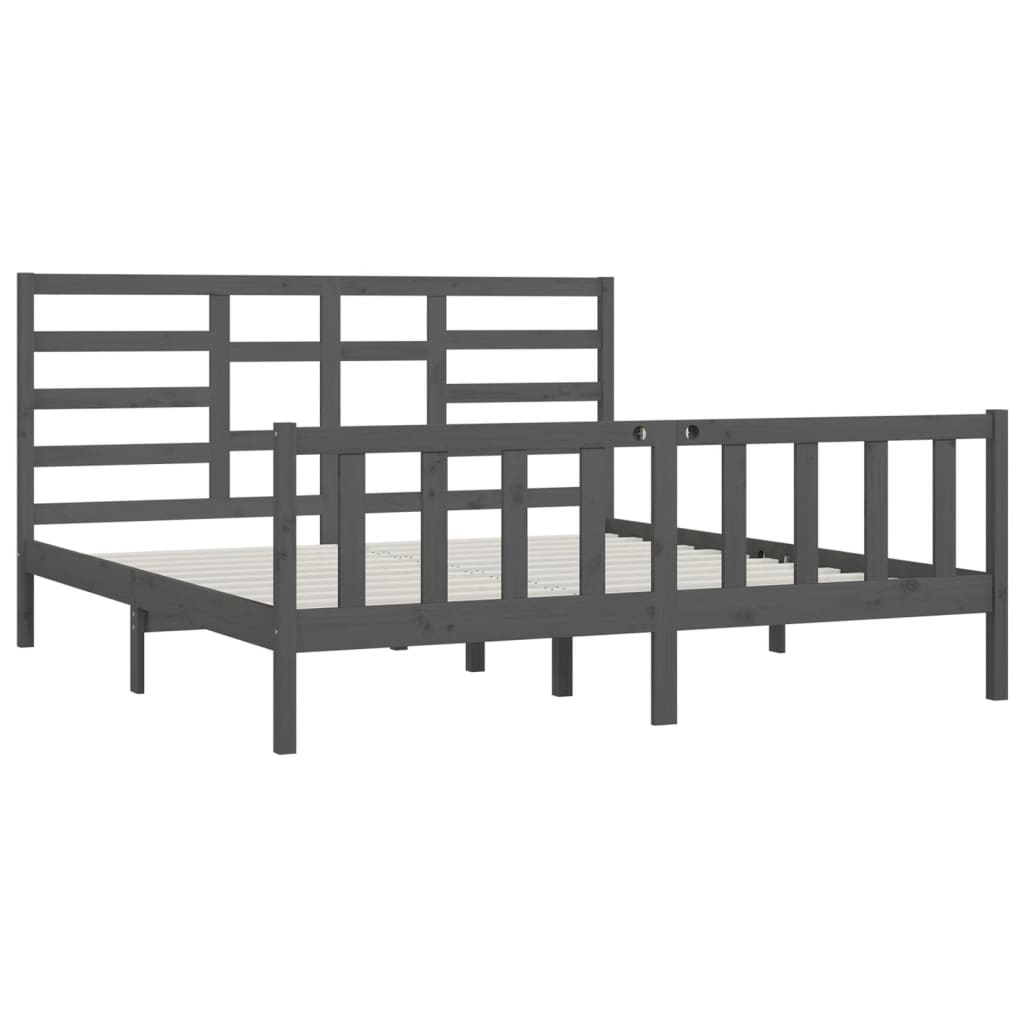 Bed Frame | Grey | Solid Pine Wood, Plywood | Double | Decorative Inlays