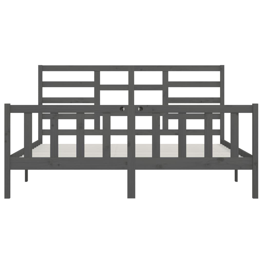 Bed Frame | Grey | Solid Pine Wood, Plywood | Double | Decorative Inlays