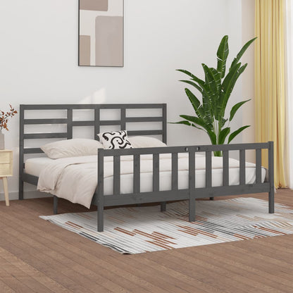Bed Frame | Grey | Solid Pine Wood, Plywood | Double | Decorative Inlays