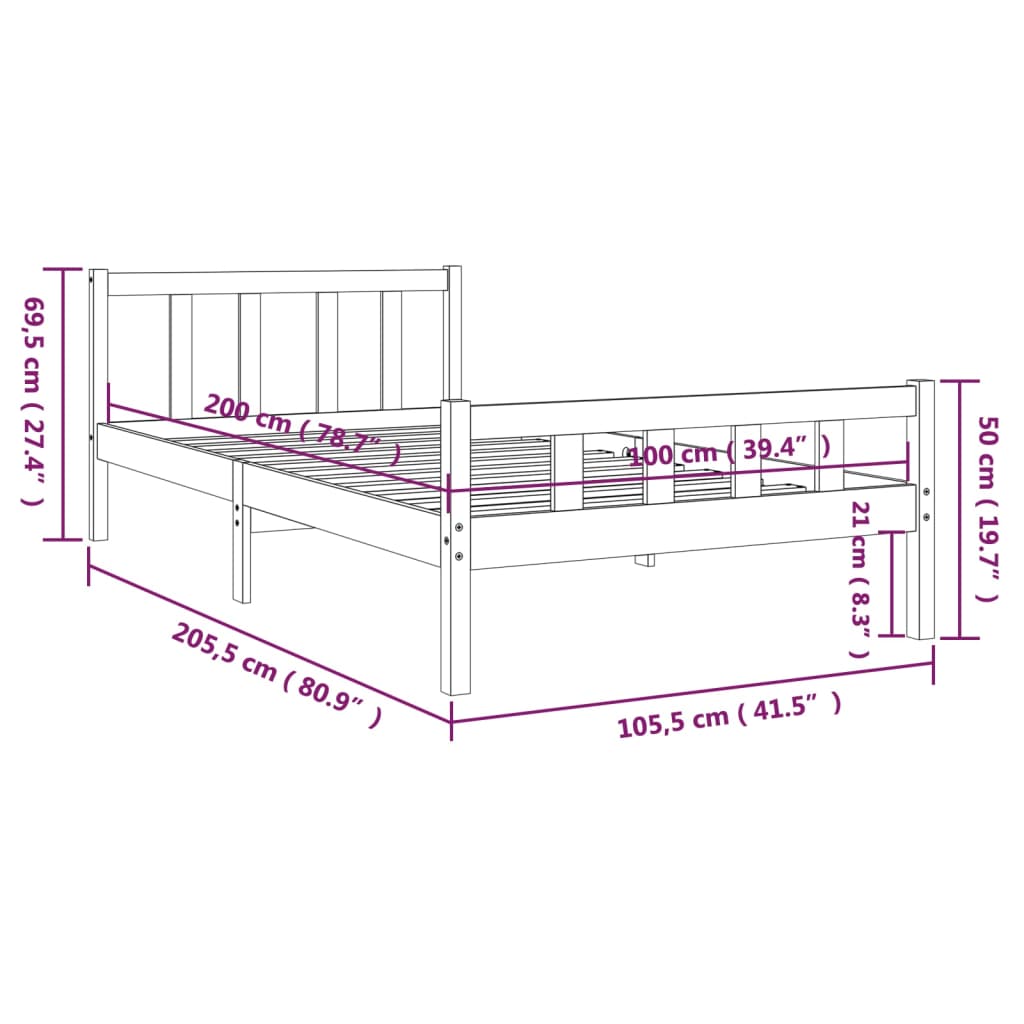 Bed Frame | Grey | Solid pine wood, Plywood slats | Single | Durable