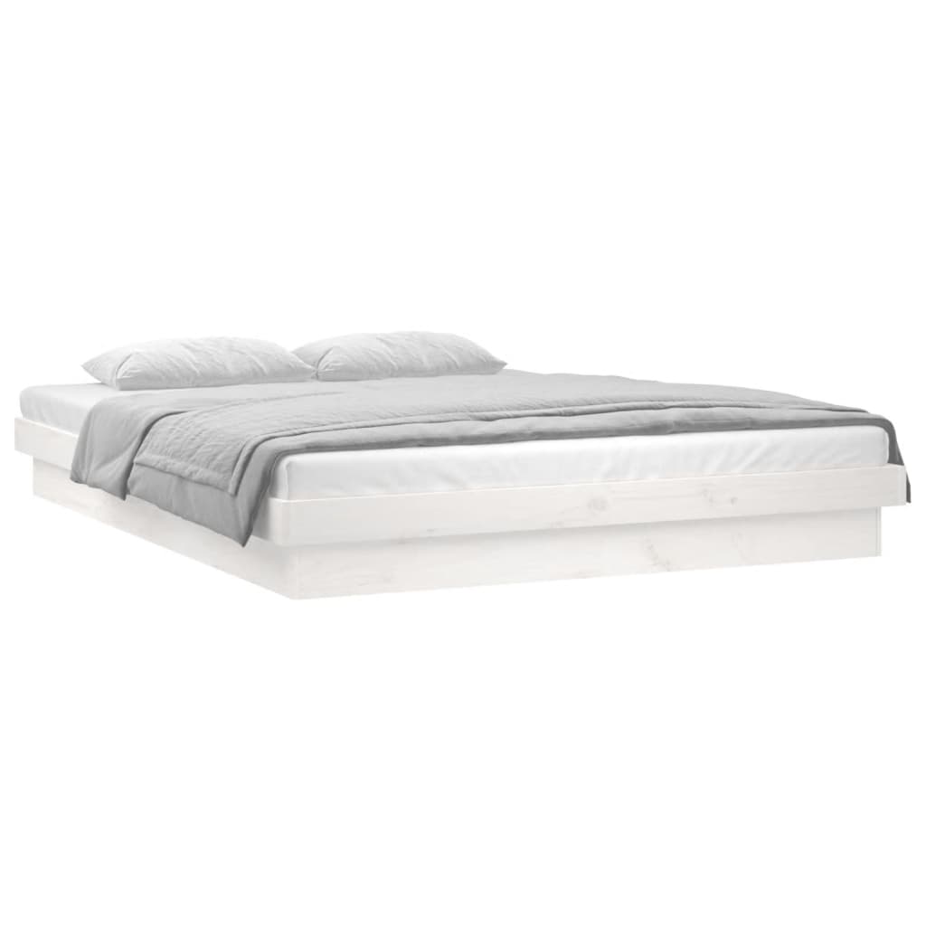 LED Bed Frame without Mattress White Double Solid Wood