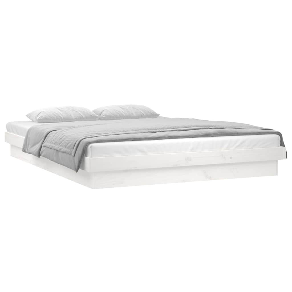 LED Bed Frame without Mattress White Double Solid Wood