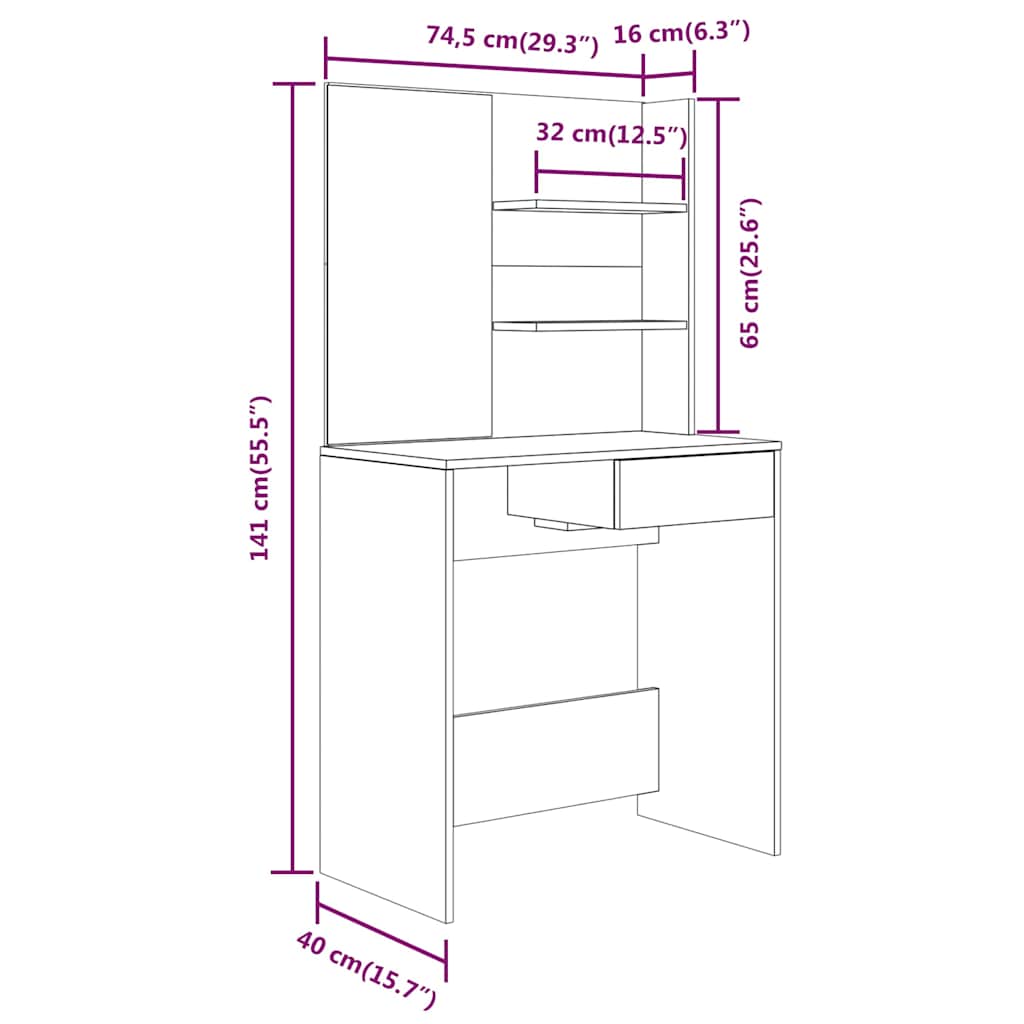 Dressing Table with Mirror Sonoma Oak 74,5x40x141 cm