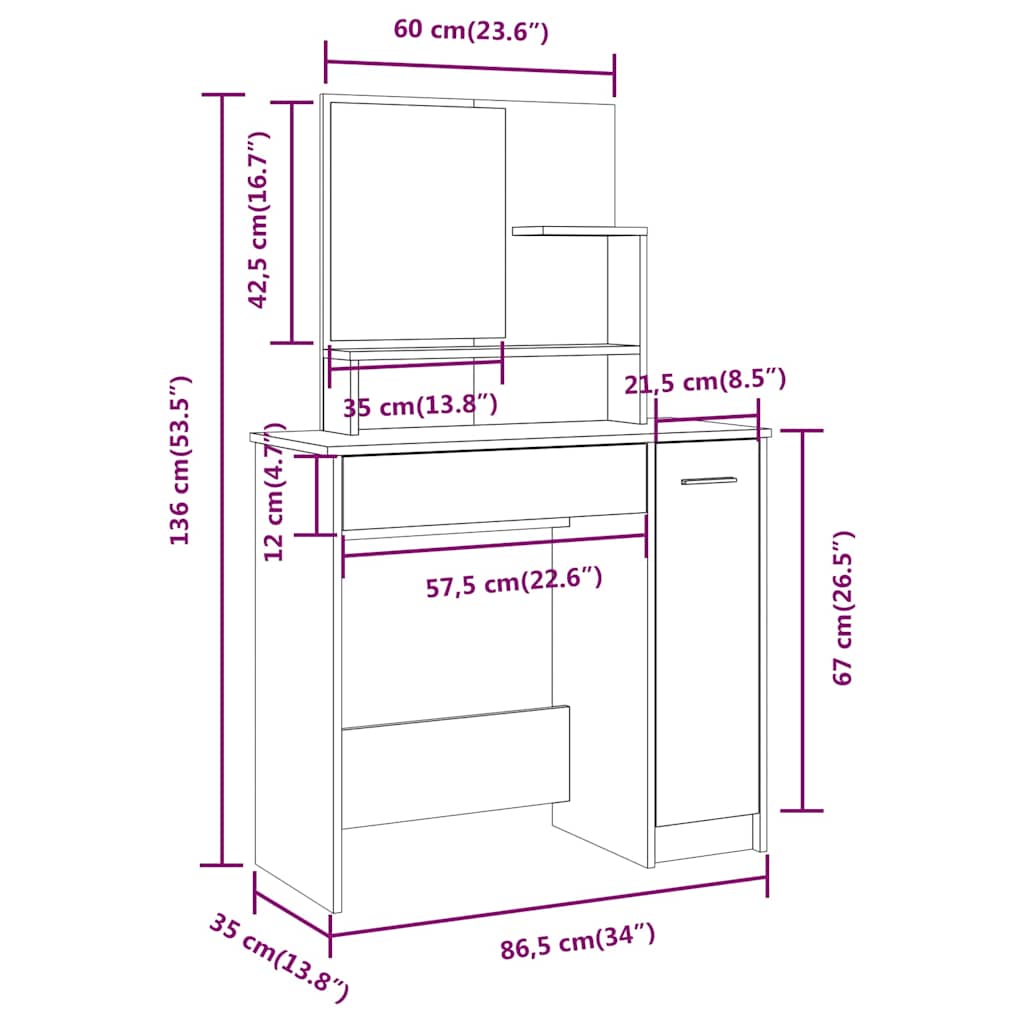 Dressing Table with Mirror White 86,5x35x136 cm