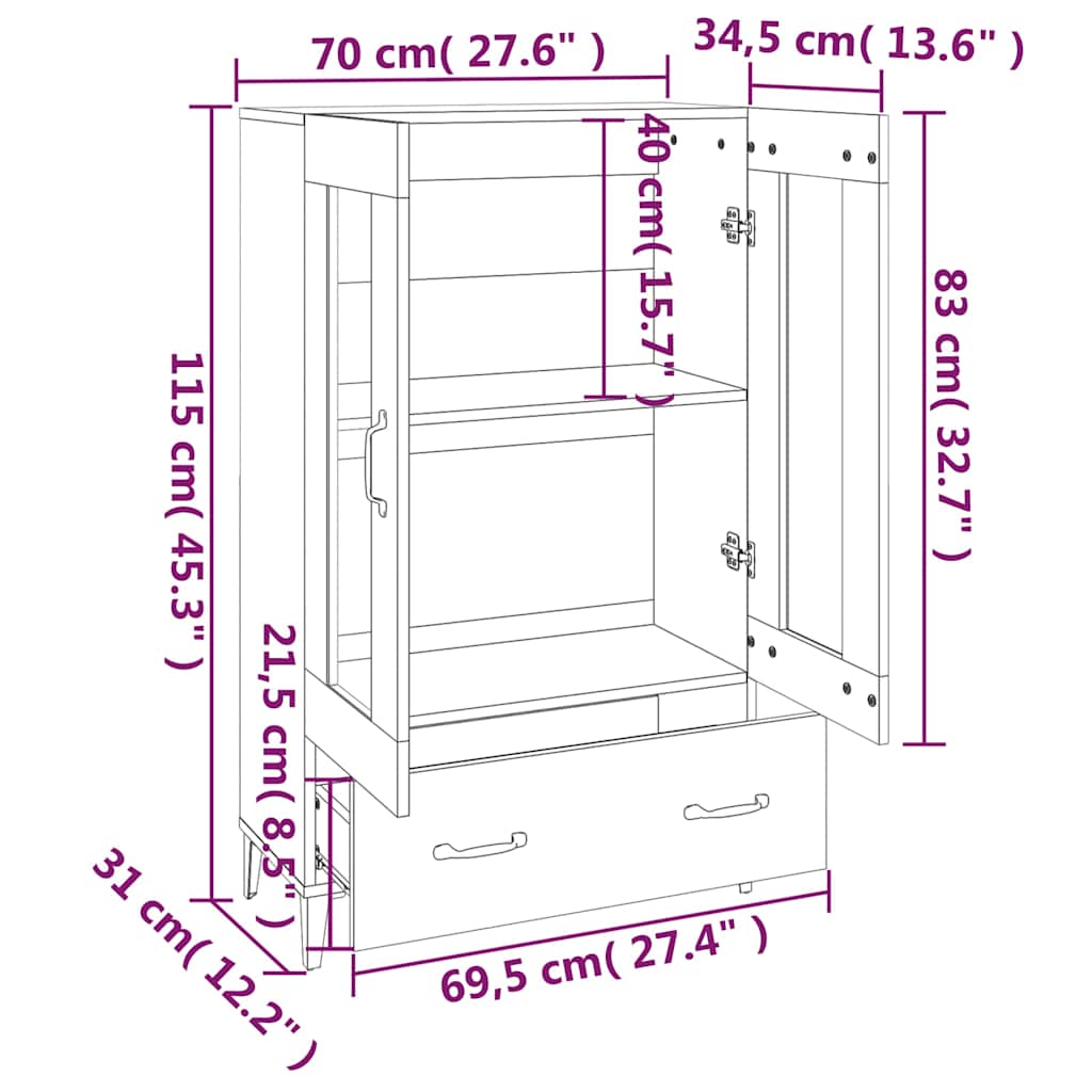 Highboard Grey Sonoma 70x31x115 cm Engineered Wood