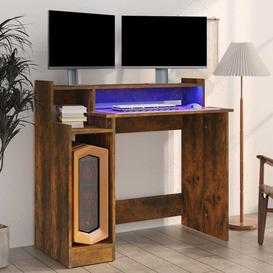 Desk with LED Lights Smoked Oak 97x45x90 cm Engineered Wood