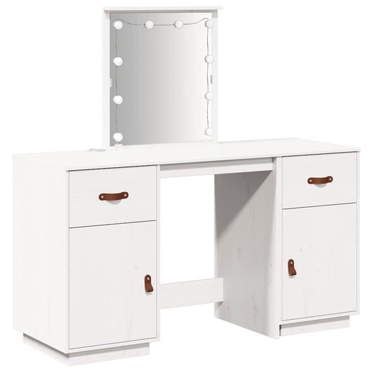 Dressing Table Set with LED White Solid Wood Pine
