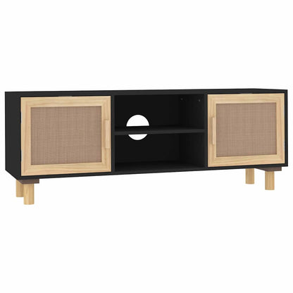 TV Cabinet Black 105x30x40 cm Solid Wood Pine&Natural Rattan
