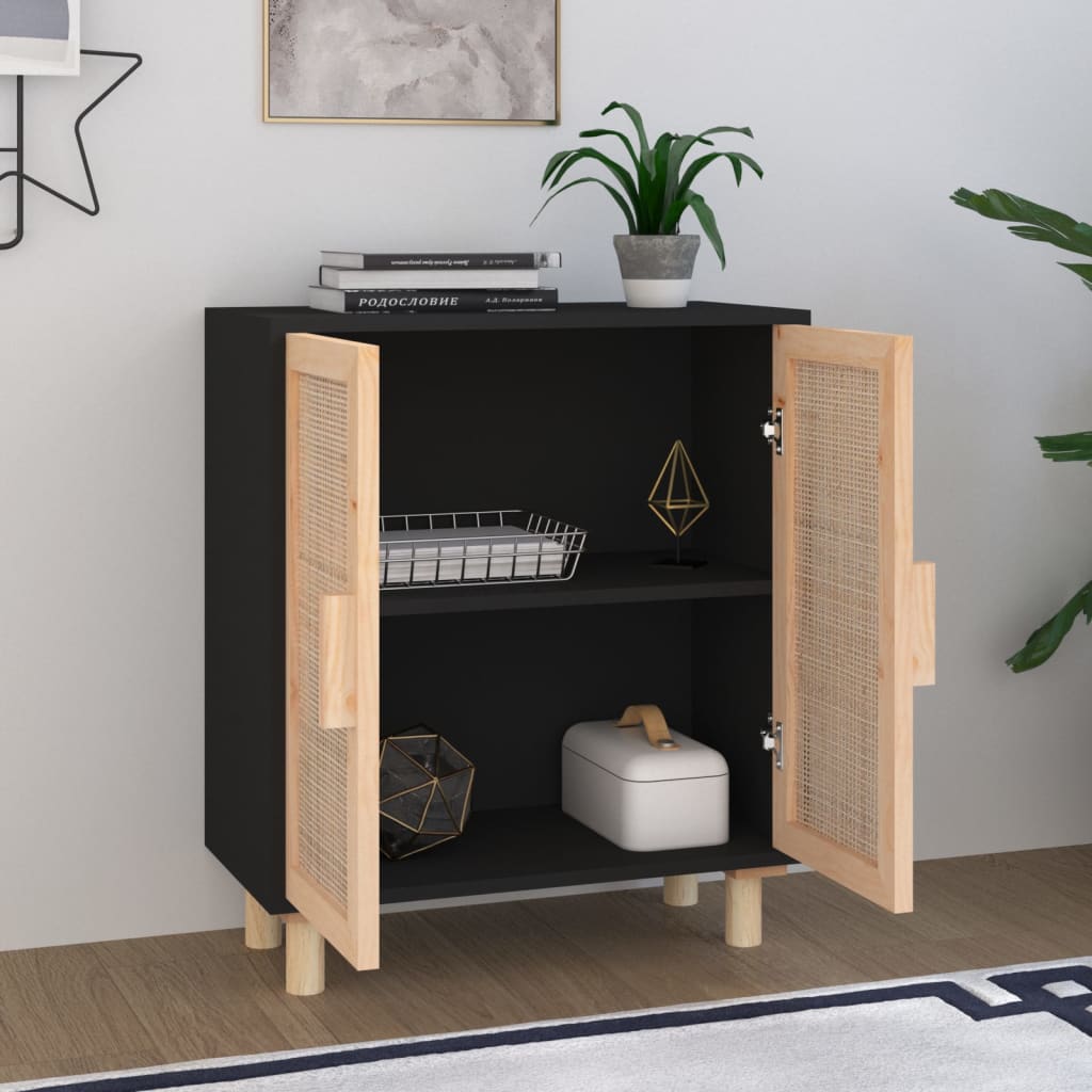 Sideboard | Black | Engineered wood, Solid pine wood, Natural rattan