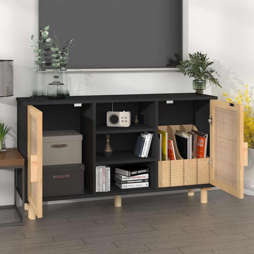 Sideboard Black 105x30x60 cm Solid Wood Pine and Natural Rattan