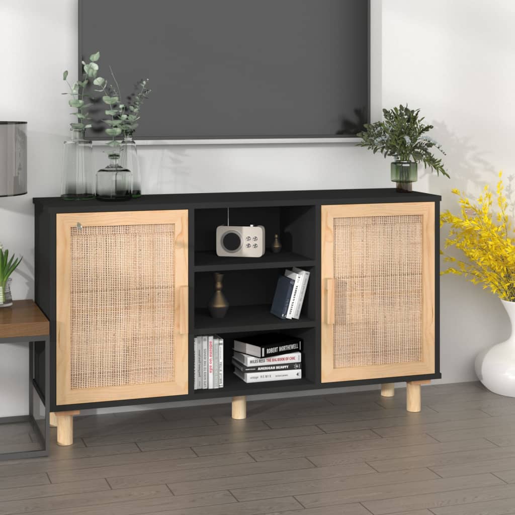Sideboard | Black | Engineered wood, Solid pine wood, Natural rattan