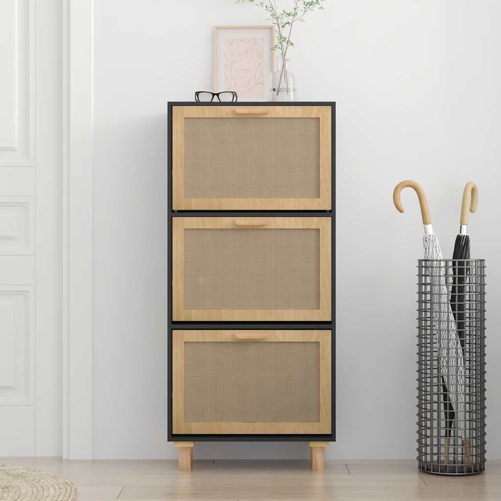 Shoe Cabinet Black 52x25x115 cm Engineered Wood&Natural Rattan