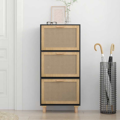 Shoe Cabinet Black 52x25x115 cm Engineered Wood&Natural Rattan