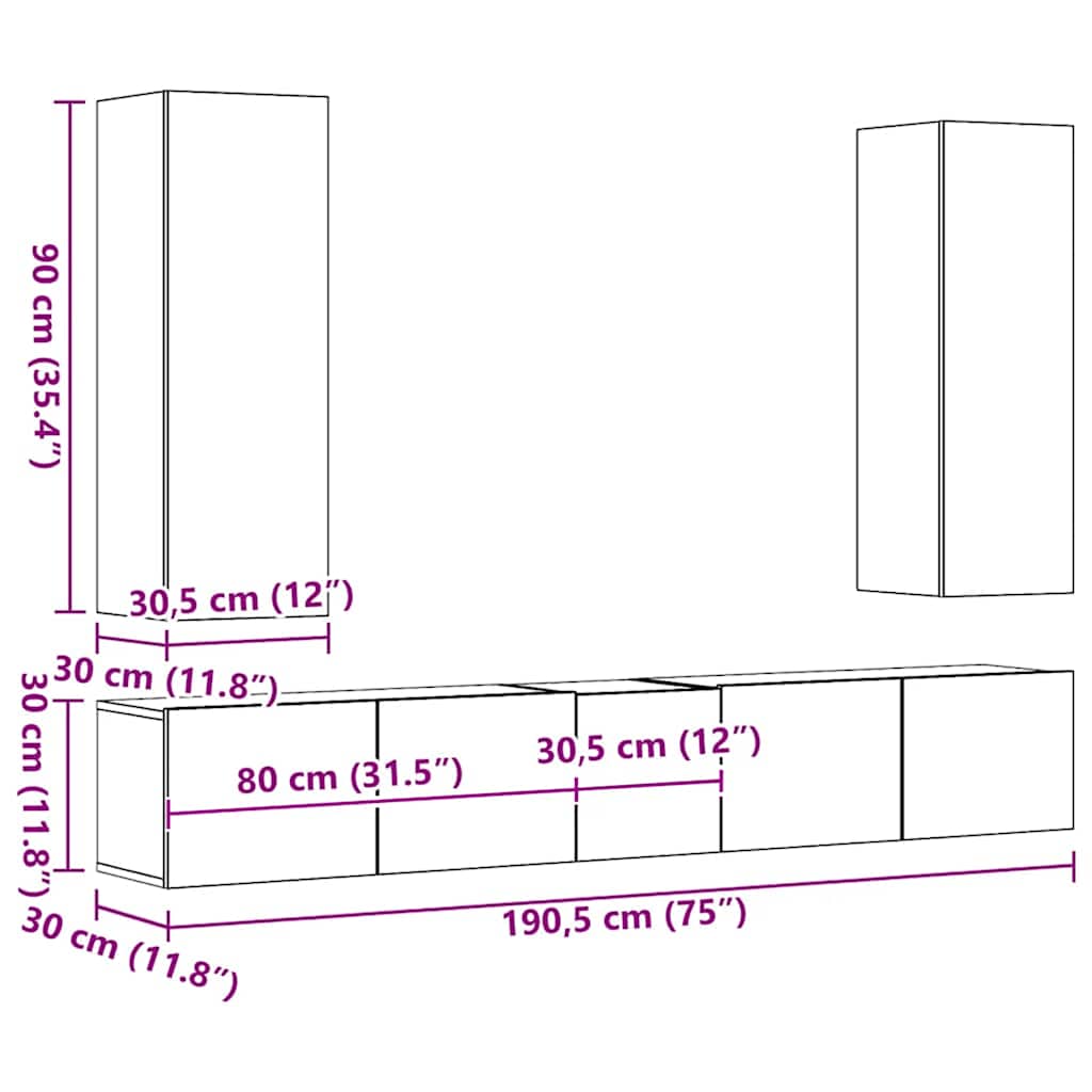 5 Piece TV Cabinet Set White Engineered Wood