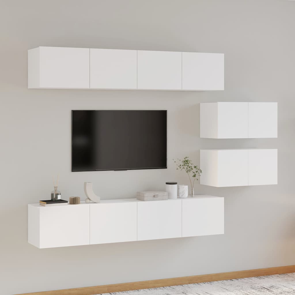 6 Piece TV Cabinet Set White Engineered Wood