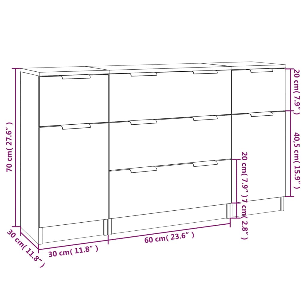 3 Piece Sideboard Set Grey Sonoma Engineered Wood