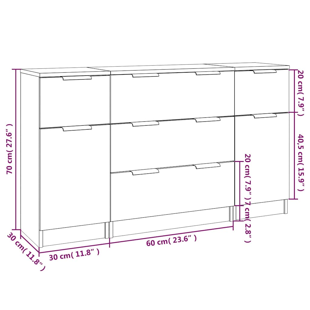 3 Piece Sideboard Set Grey Sonoma Engineered Wood