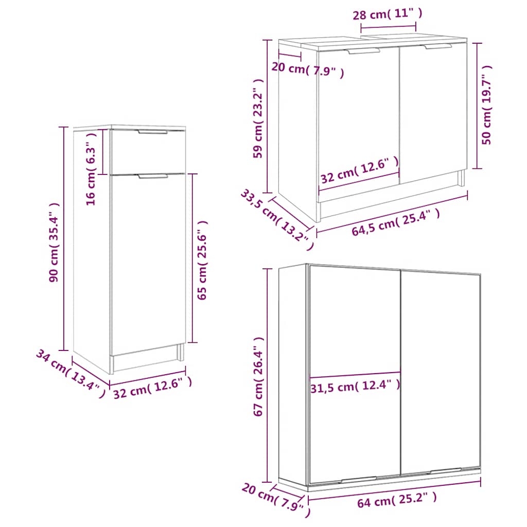 3 Piece Bathroom Cabinet Set White Engineered Wood